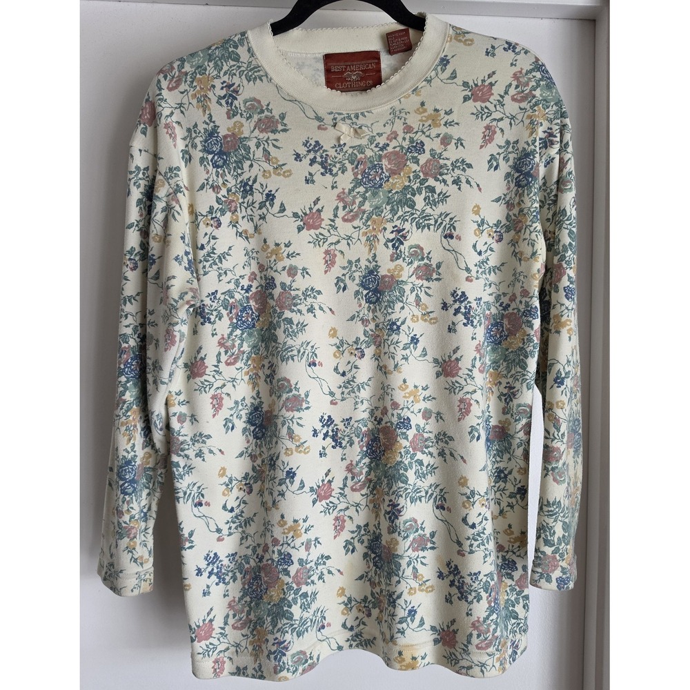 Best American Clothing Co Women Floral Top M Cream 3/4 Sleeve Crew Neck Vintage